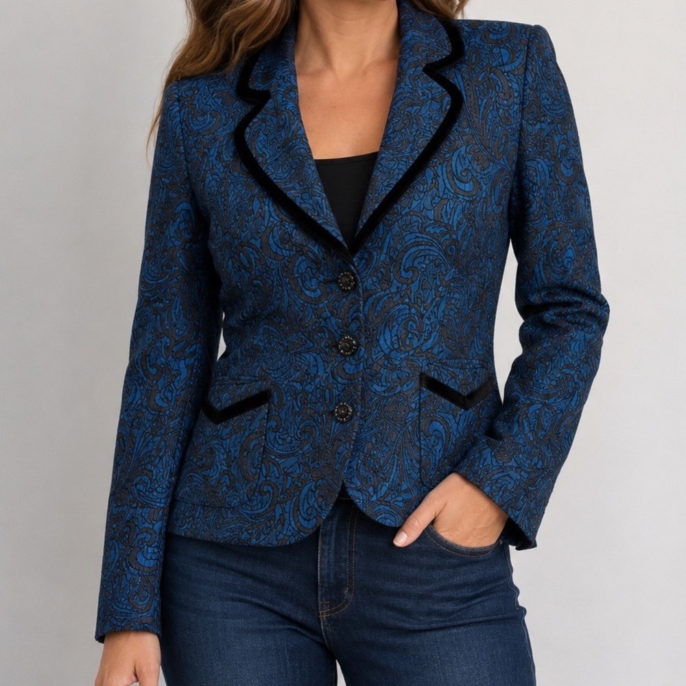 Blue Brocade Blazer Women's 10 Black Paisley Velvet Trim Statement Jacket